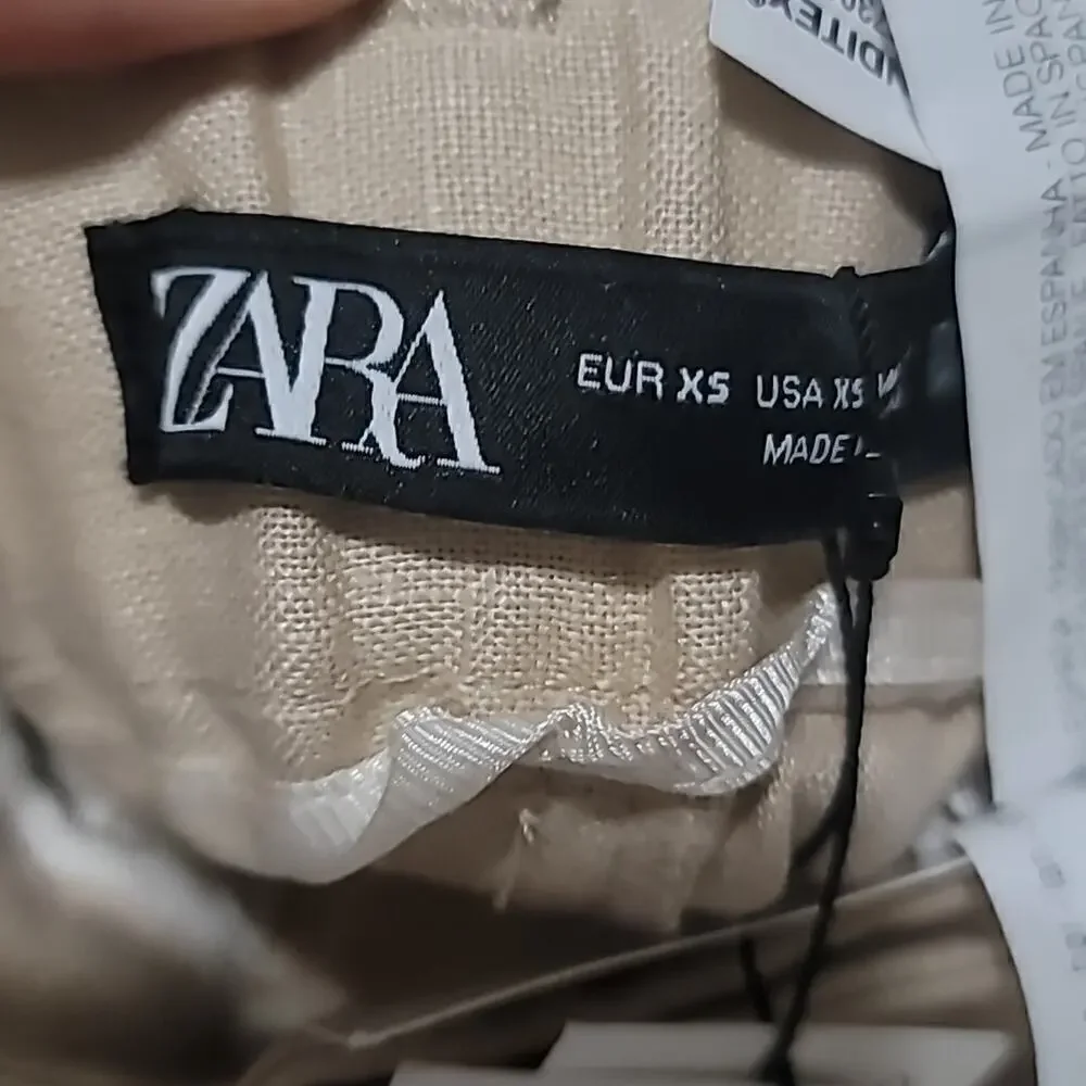 Zara Women's Khaki Linen Wideleg Trouser Pants With Pockets Size XSmall NWT